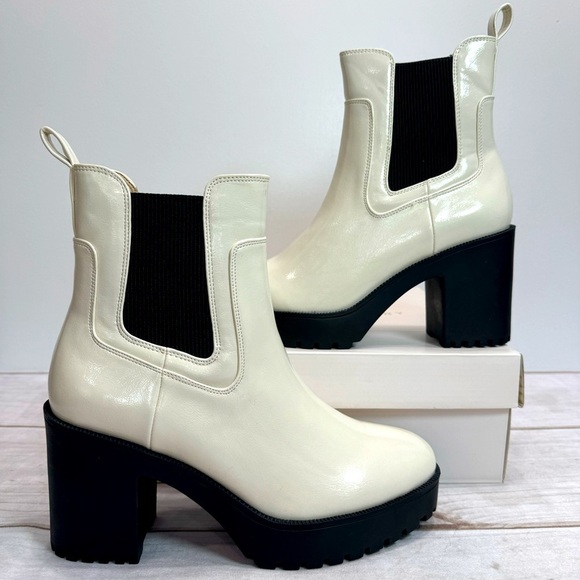 Chinese Laundry Shoes - Heeled Platform Chelsea Boots Cream Patent Faux Leather Chinese Laundry Lug Sole